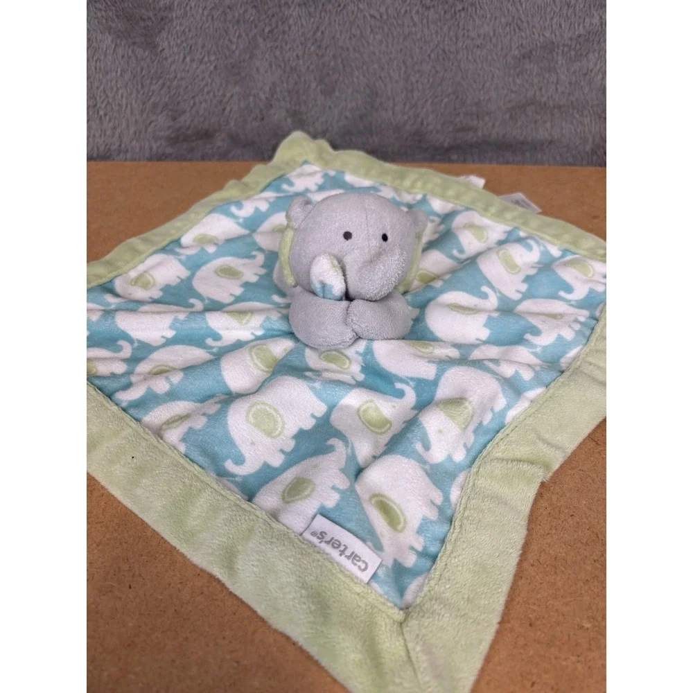 Carter's  Elephant Lovey Security Blanket Plush Blue Green Gray Baby Toy 13